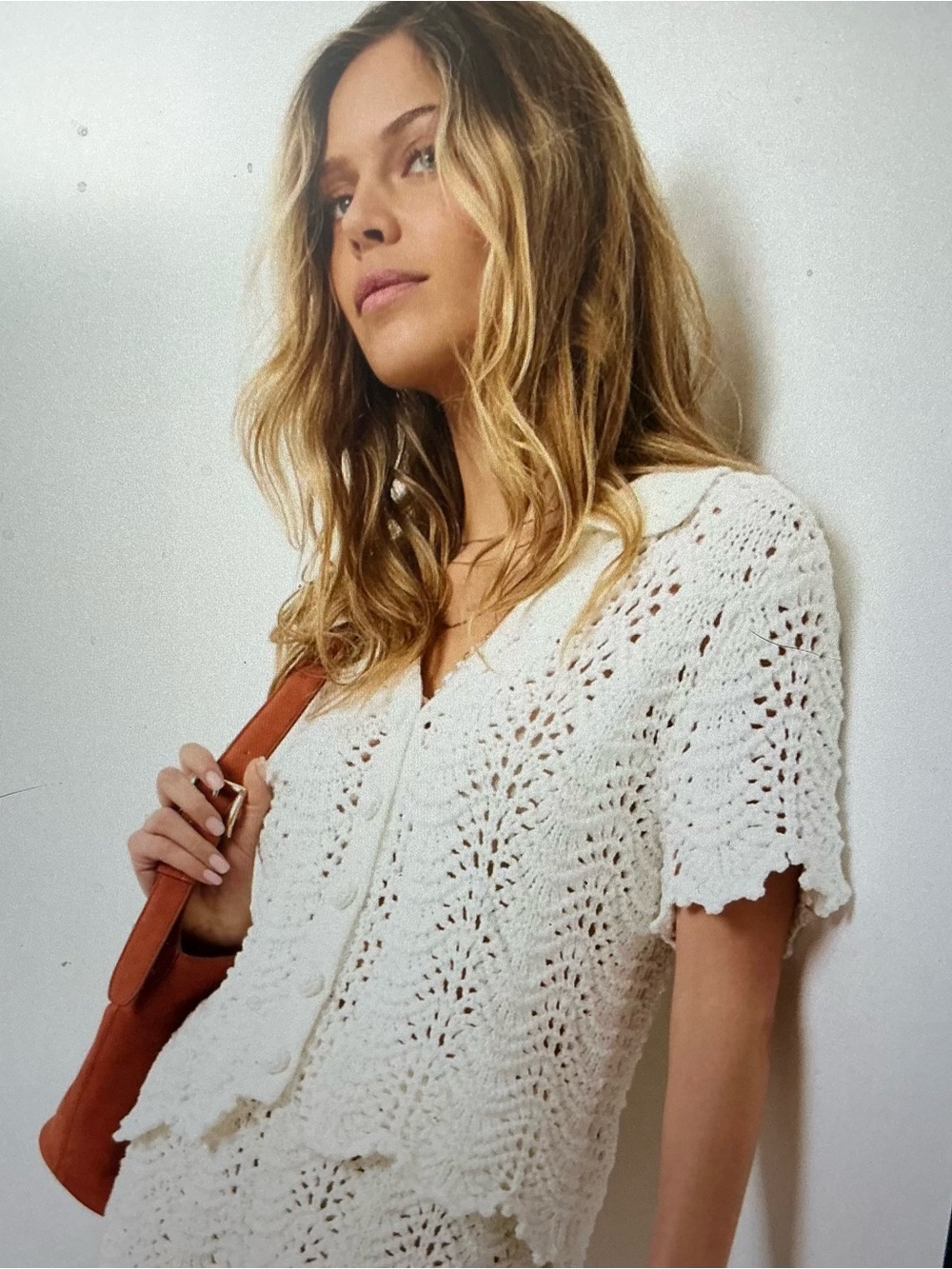 Women's Cream Crochet Short-Sleeve Button Cardigan